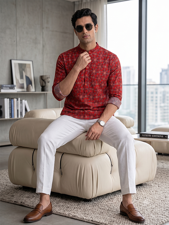 VORA LABEL Men Cotton Printed Regular Fit Short Kurta - Rust