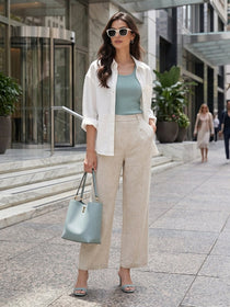 VORA LABEL Women Linen Solid Full Length Wide-Leg Trousers - Beige