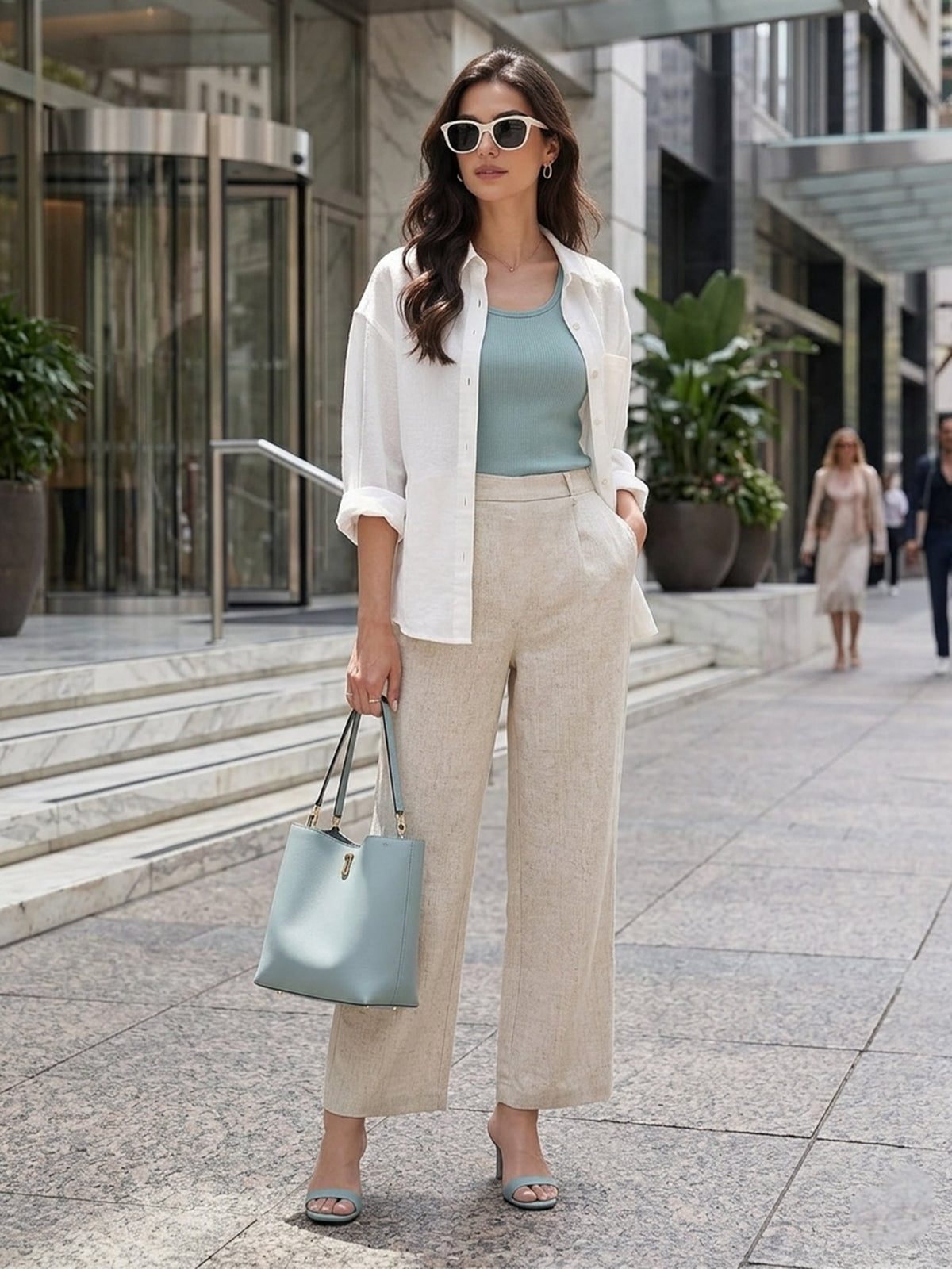 VORA LABEL Women Linen Solid Full Length Wide-Leg Trousers - Beige