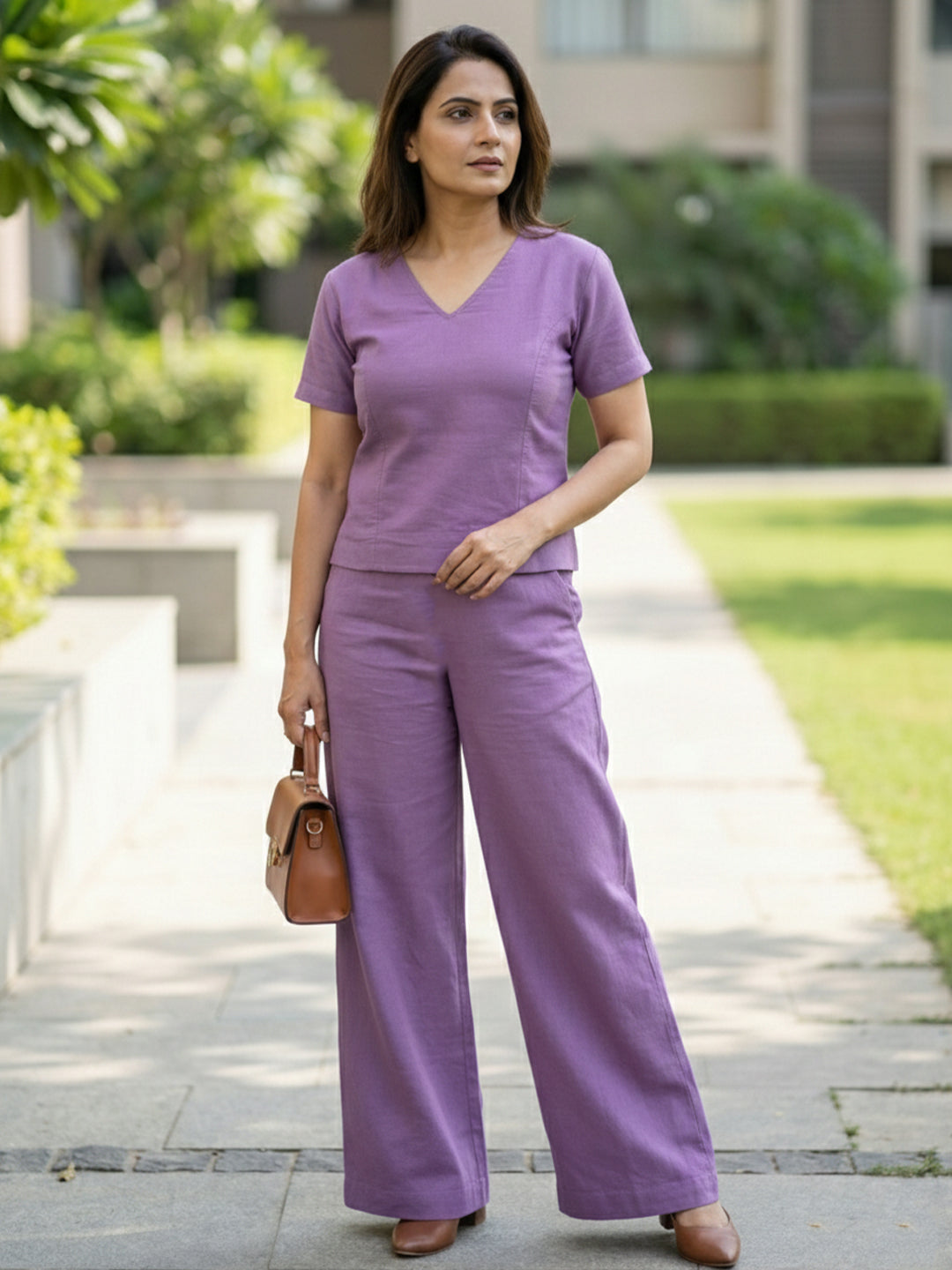 VORA LABEL Women Linen Solid Relaxed Fit Co-ord Set - Purple Secondary image