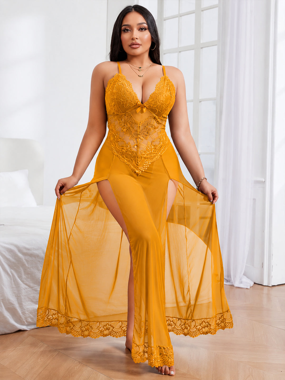 VORA LABEL Women’s Mustard Yellow Lace Babydoll Lingerie Set, Floral Lace Bodice with Adjustable Straps, Side Slit Long Nightwear Dress with Matching Panty Main image