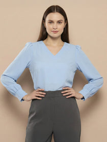 VORA LABEL Women Solid Regular Fit Top - Sky Blue