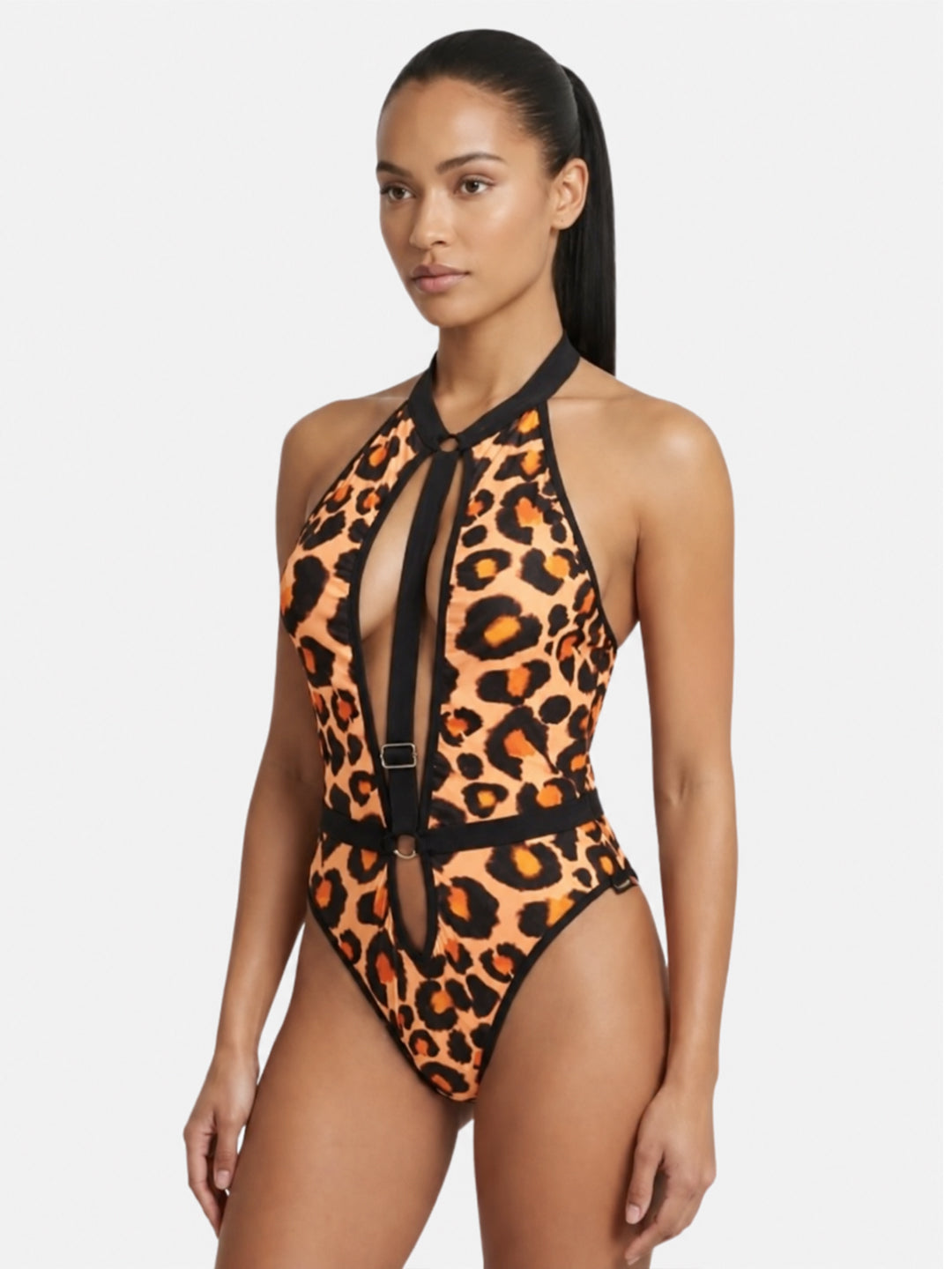VORA LABEL Women’s Leopard Print Halter Neck Teddy Bodysuit | Lace-Up Cutout Lingerie Bodysuit with Adjustable Straps Main image