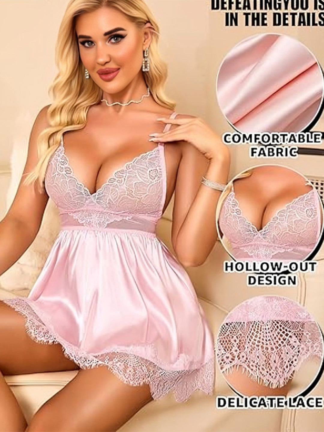 VORA LABEL Women’s Lace Babydoll Nightdress, Sleeveless Lingerie Nightwear with Adjustable Straps & Lace Hem, Pink Secondary image