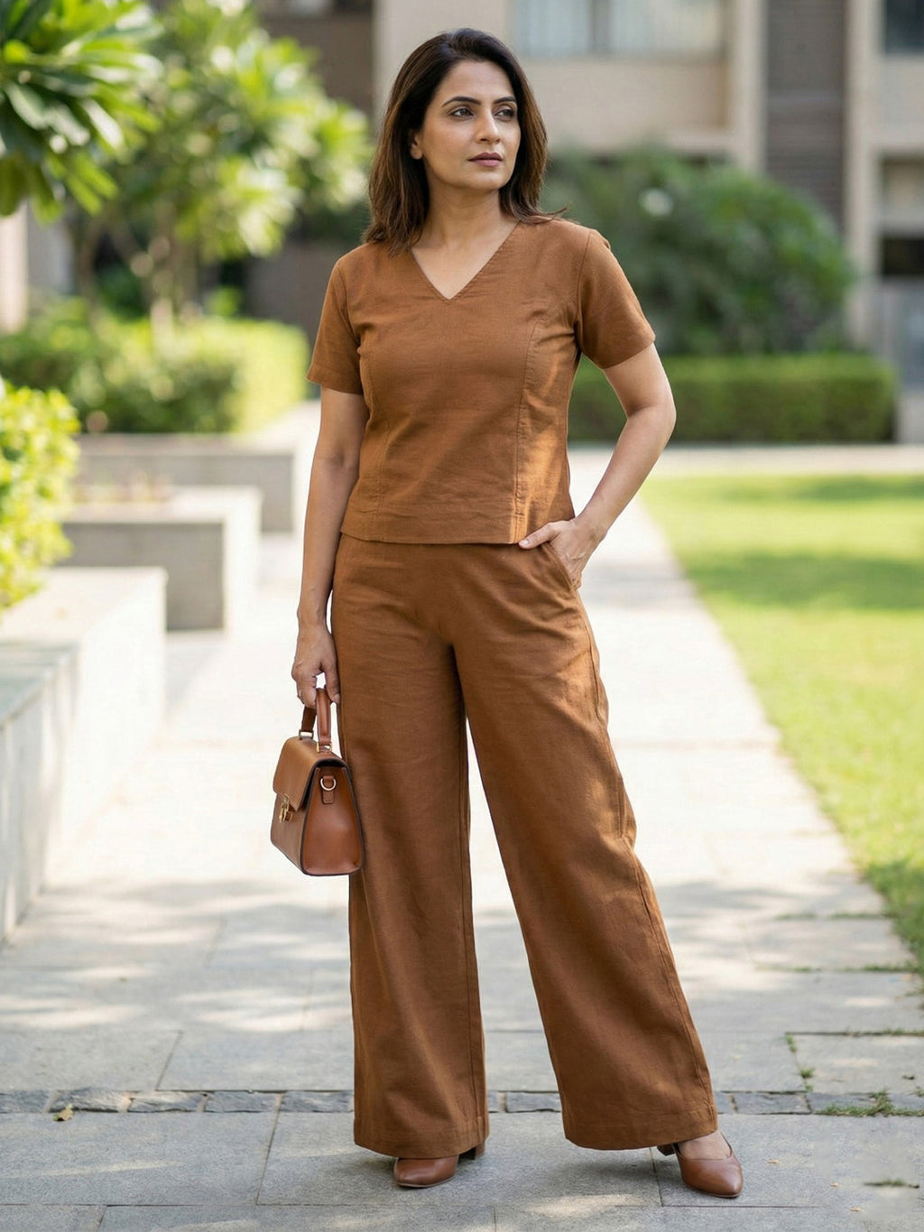 VORA LABEL Women Linen Solid Relaxed Fit Co-ord Set - Golden
