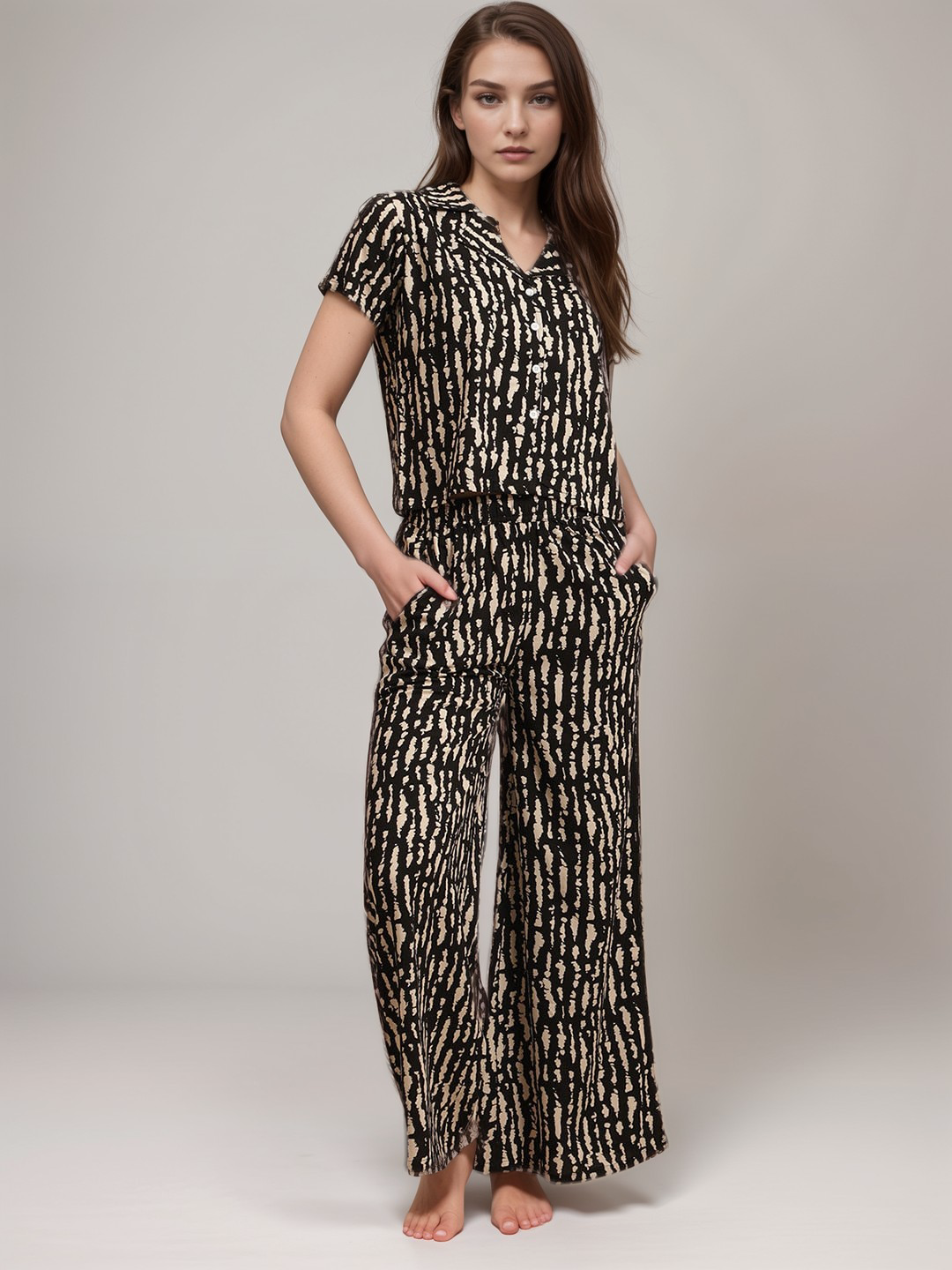 VORA LABEL Women Viscose Rayon Abstract Printed Relaxed Fit Night Suit Set Black and Brown - Black & Brown Main image