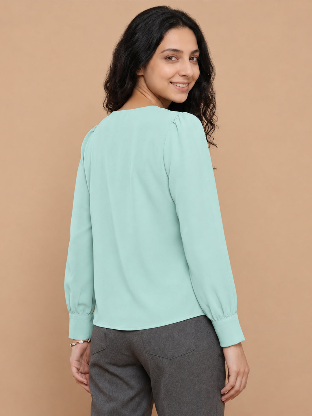 VORA LABEL Women's Light Blue Crepe V-Neck Full Sleeve Elegant Top | Stylish Casual & Office Wear Blouse Secondary image