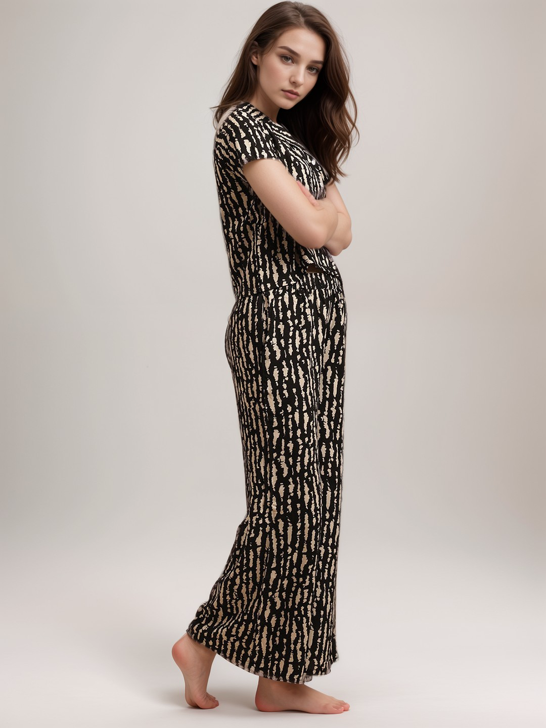 VORA LABEL Women Viscose Rayon Abstract Printed Relaxed Fit Night Suit Set Black and Brown - Black & Brown Secondary image