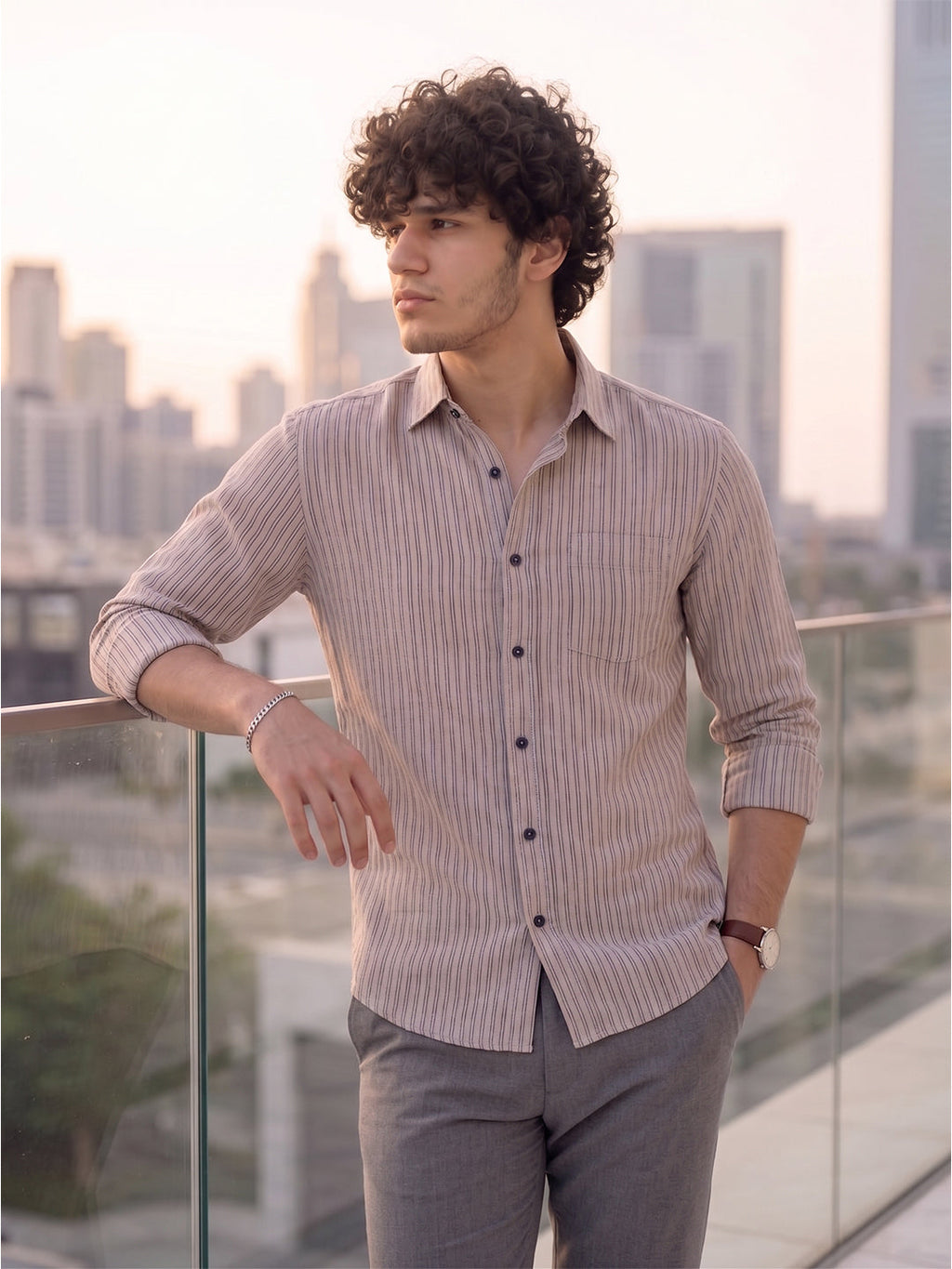 VORA LABEL Men Cotton Striped Regular Fit Casual Shirt - Gray Light