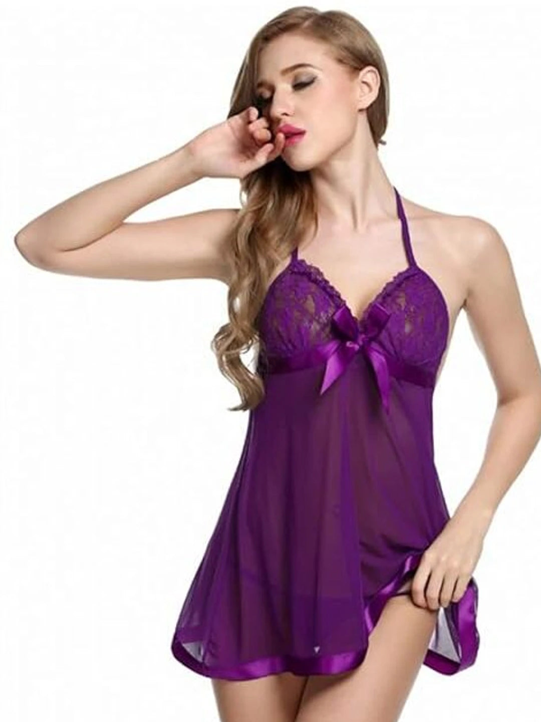 VORA LABEL Women’s Purple Lace Babydoll Nightdress, Adjustable Strap Lingerie Sleepwear with Satin Bow Detail Main image