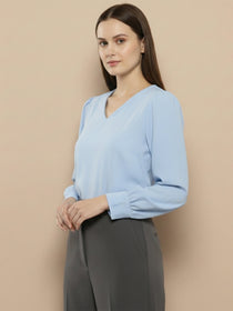VORA LABEL Women Solid Regular Fit Top - Sky Blue