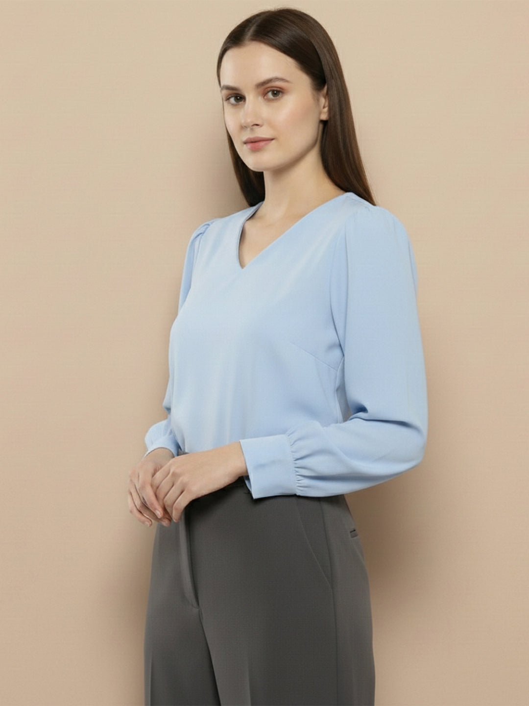 VORA LABEL Women Solid Regular Fit Top - Sky Blue