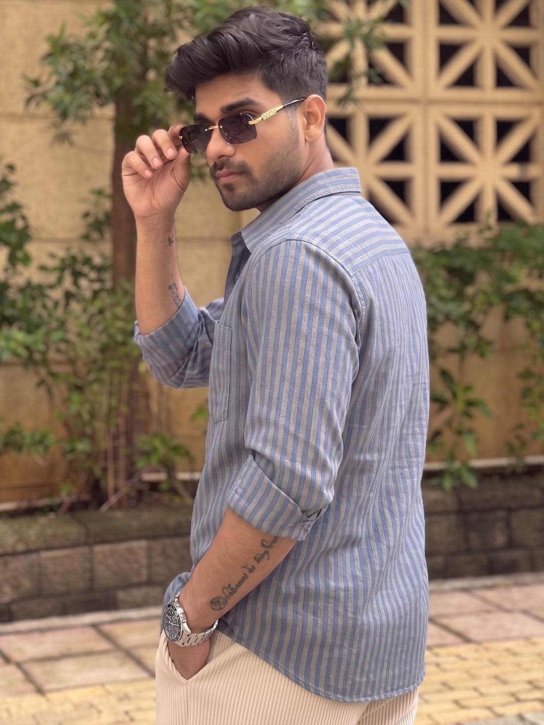 VORA LABEL Men Cotton Striped Regular Fit Casual Shirt - Teal Blue Secondary image