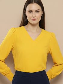 VORA LABEL Women Denim Solid Regular Fit Top - Yellow