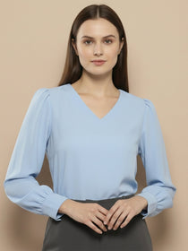 VORA LABEL Women Solid Regular Fit Top - Sky Blue