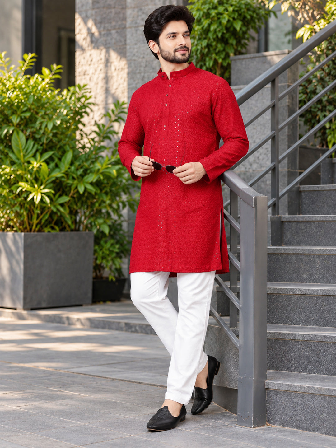 VORA LABEL Men's Red Printed Pure Cotton Kurta | Mandarin Collar | Full Sleeve Traditional Ethnic Wear Main image