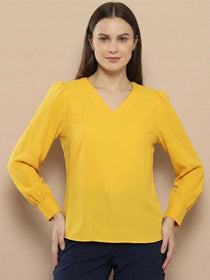 VORA LABEL Women Denim Solid Regular Fit Top - Yellow