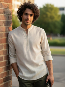 VORA LABEL Men Cotton Blend Striped Solid Short Kurta - Beige