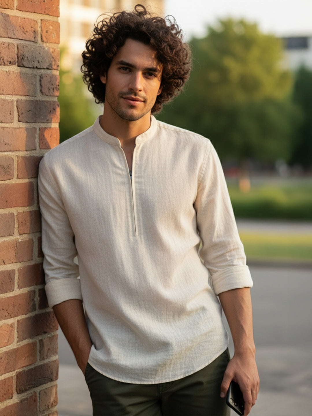 VORA LABEL Men Cotton Blend Striped Solid Short Kurta - Beige