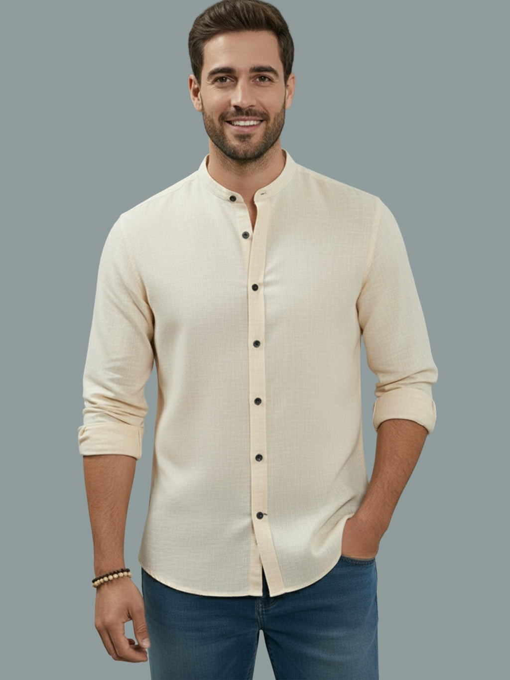 VORA LABEL Men Cotton Regular Fit Mandarin Collar Casual Shirt - Pink