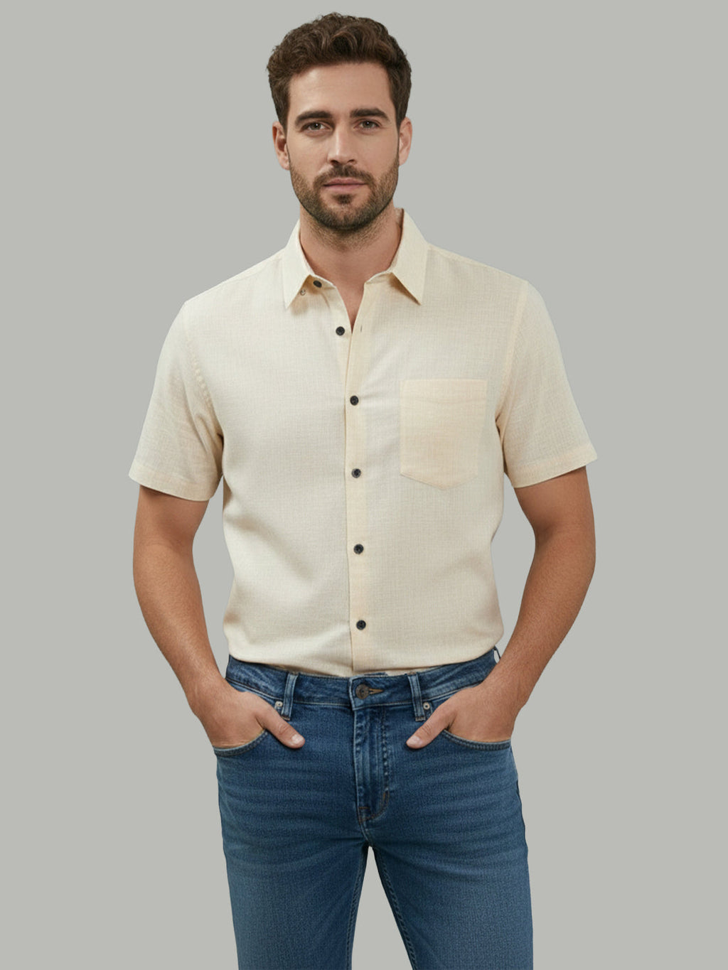 VORA LABEL Men Cotton Regular Fit Spread Collar Casual Shirt - Yellow