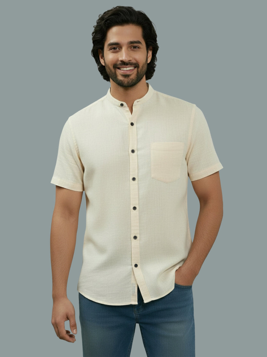 VORA LABEL Men Cotton Regular Fit Mandarin Collar Casual Shirt - White