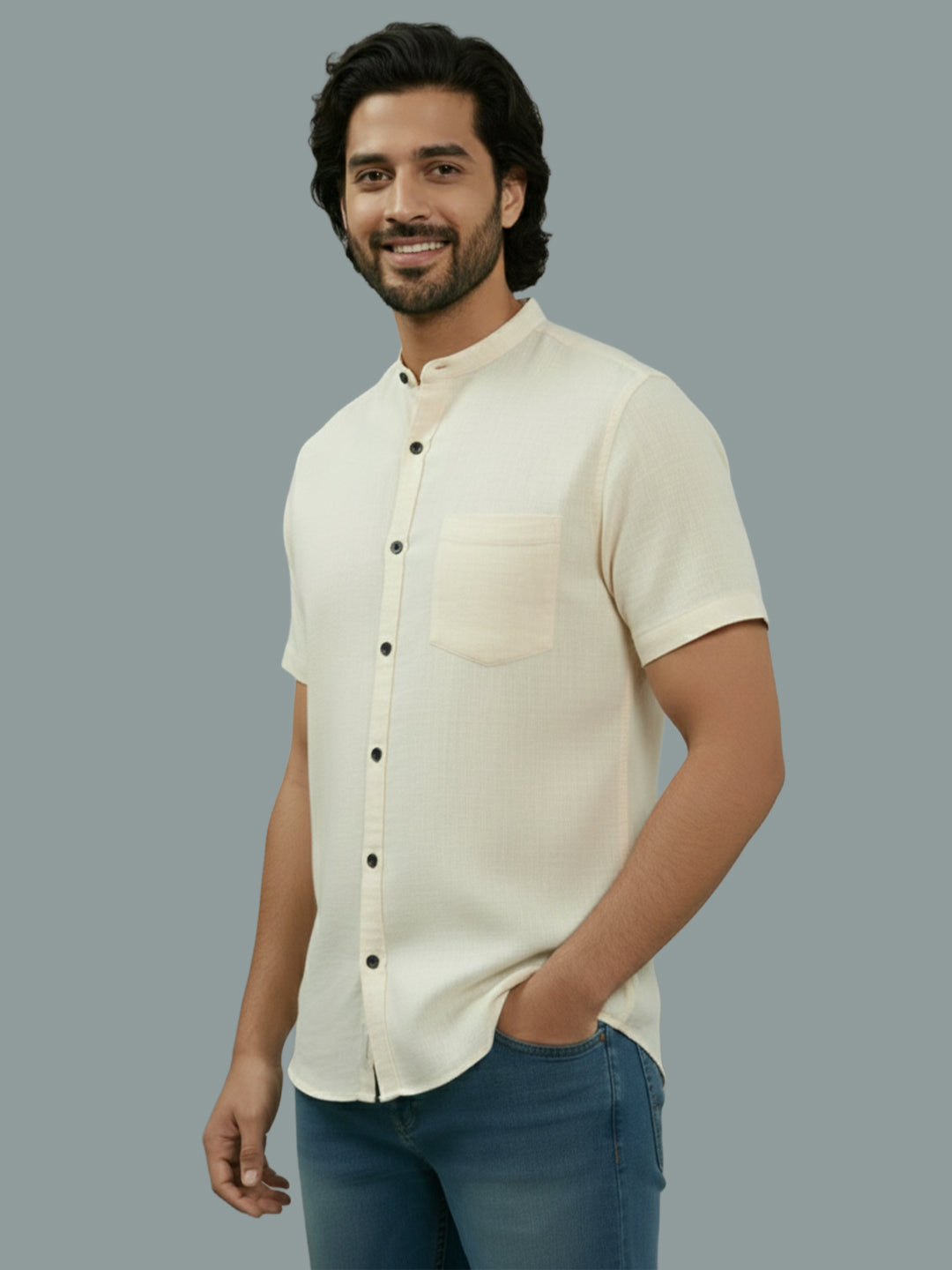 VORA LABEL Men Cotton Regular Fit Mandarin Collar Casual Shirt - White