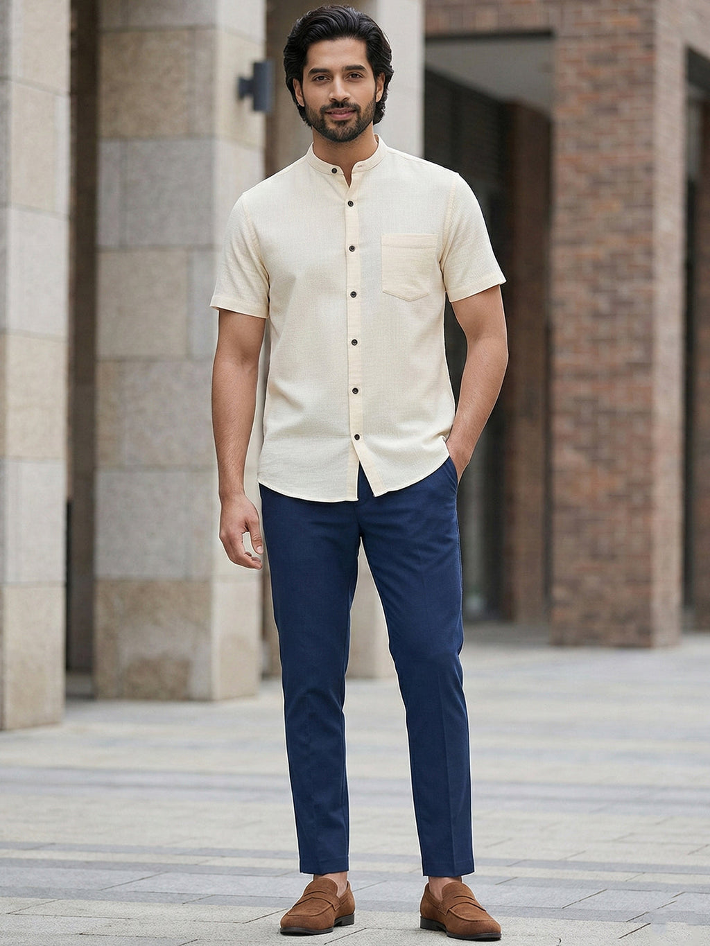 VORA LABEL Men Cotton Regular Fit Mandarin Collar Casual Shirt - White