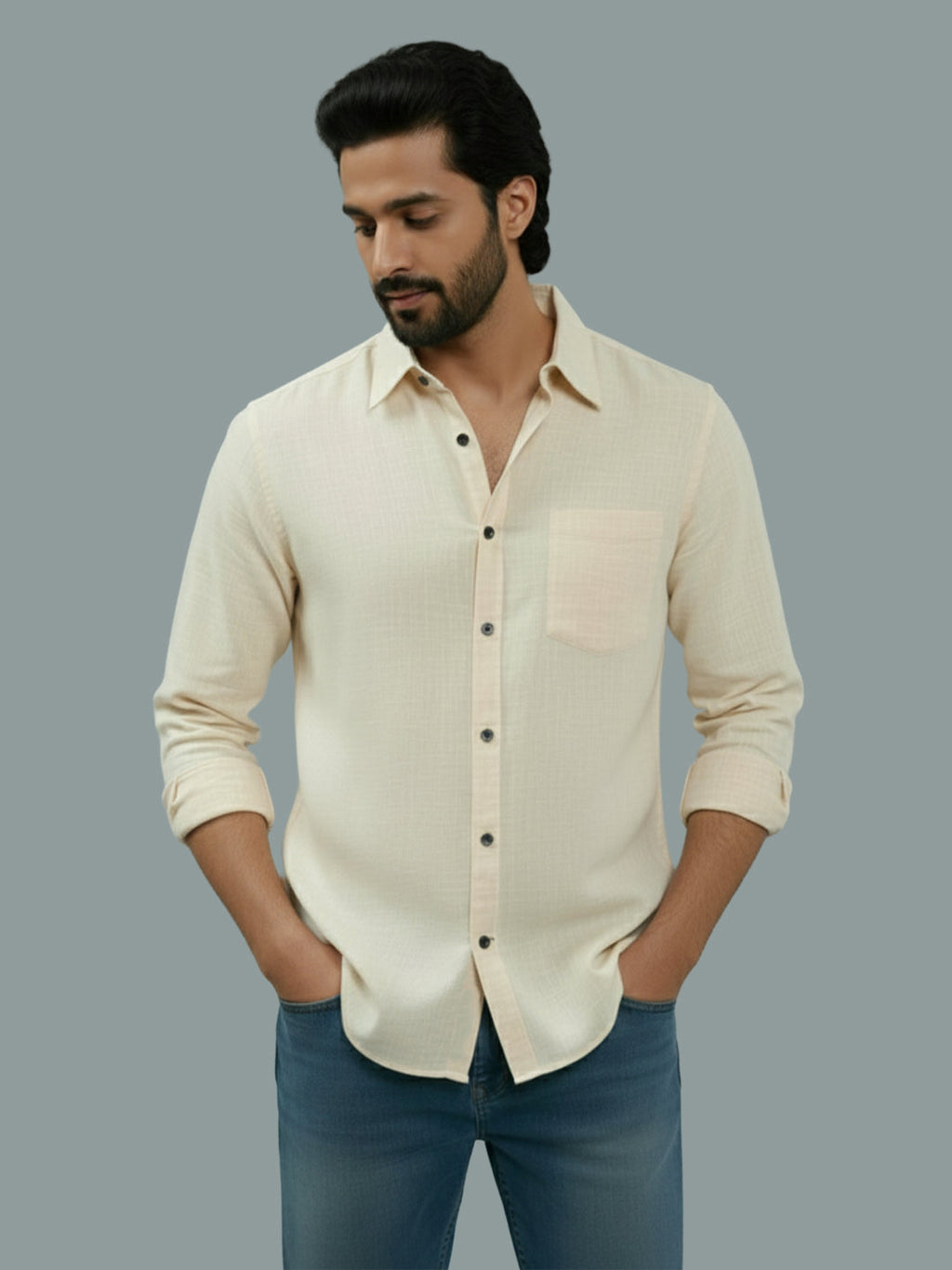 VORA LABEL Men Cotton Regular Fit Spread Collar Casual Shirt - Green
