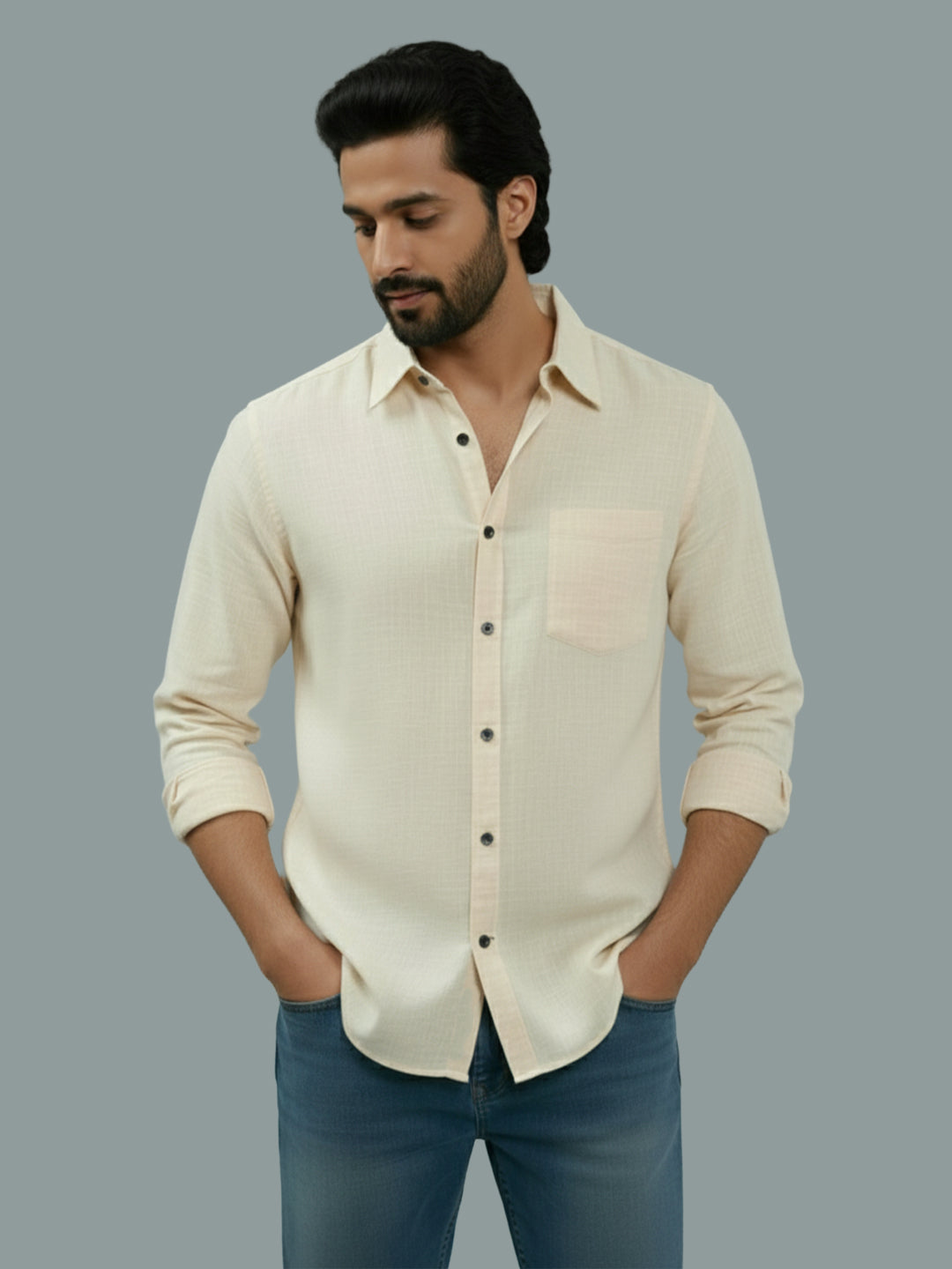 VORA LABEL Men Cotton Regular Fit Spread Collar Casual Shirt - Green