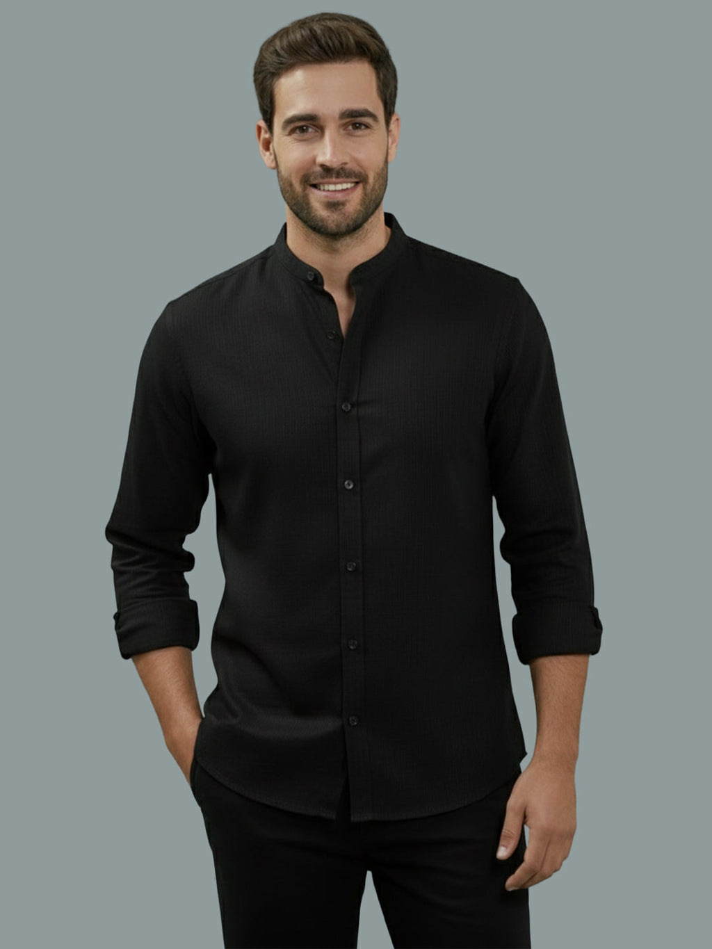VORA LABEL Men Cotton Regular Fit Mandarin Collar Casual Shirt - Pink