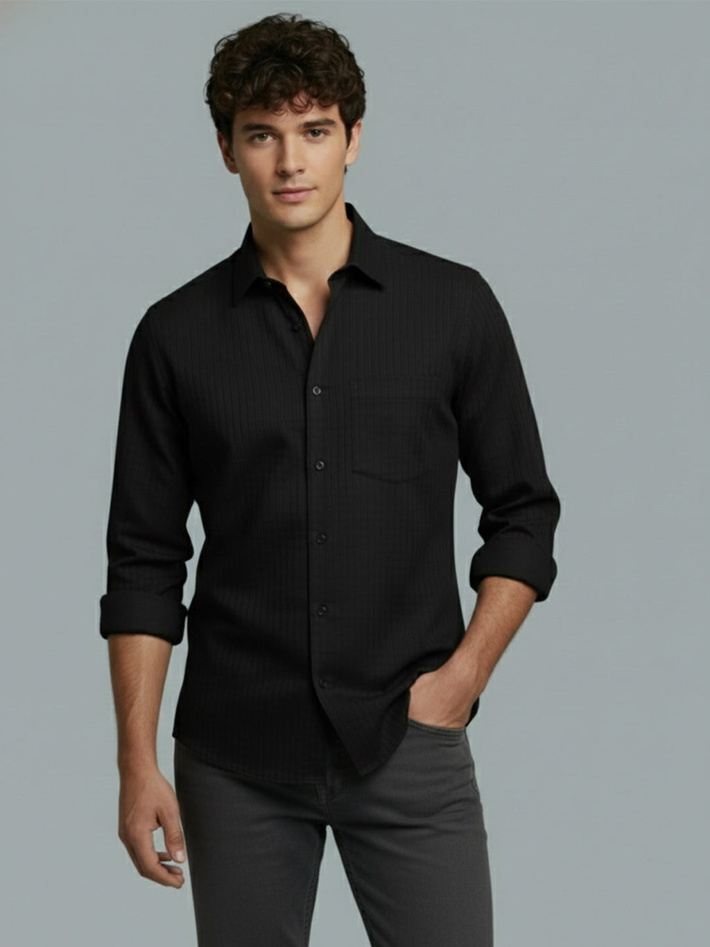 VORA LABEL Men Cotton Solid Regular Fit Spread Collar Casual Shirt - Black