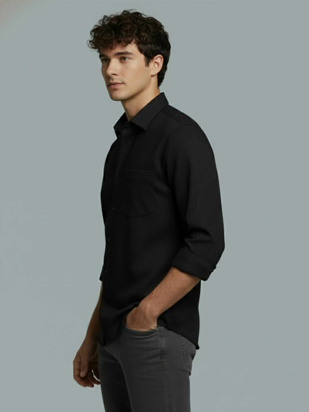 VORA LABEL Men Cotton Solid Regular Fit Spread Collar Casual Shirt - Black