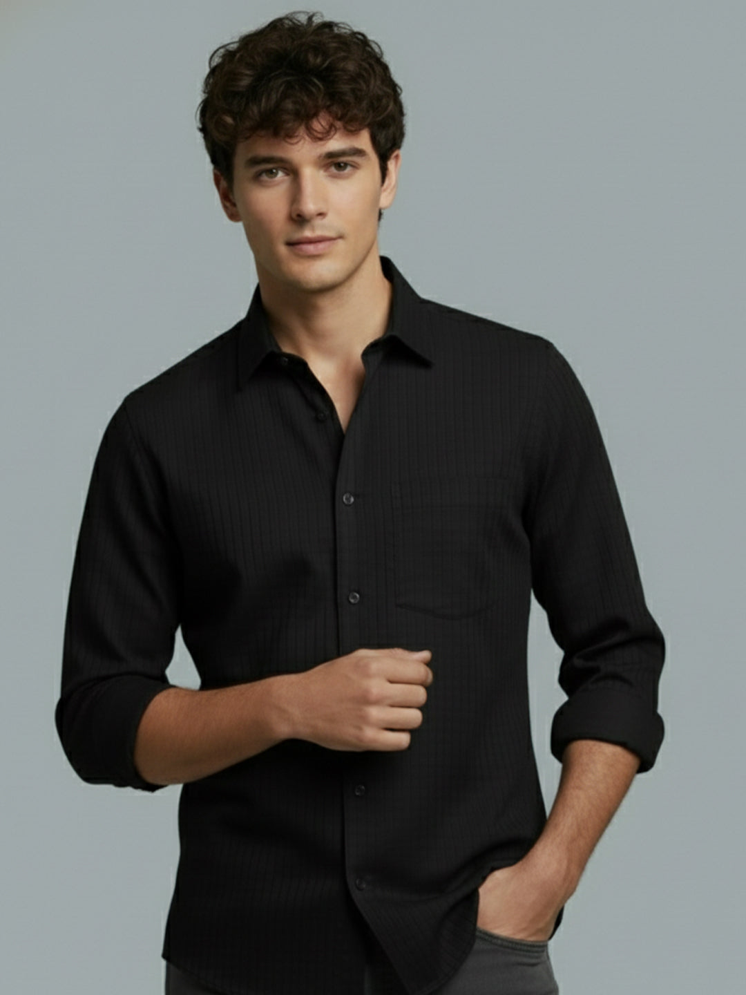 VORA LABEL Men Cotton Solid Regular Fit Spread Collar Casual Shirt - Black