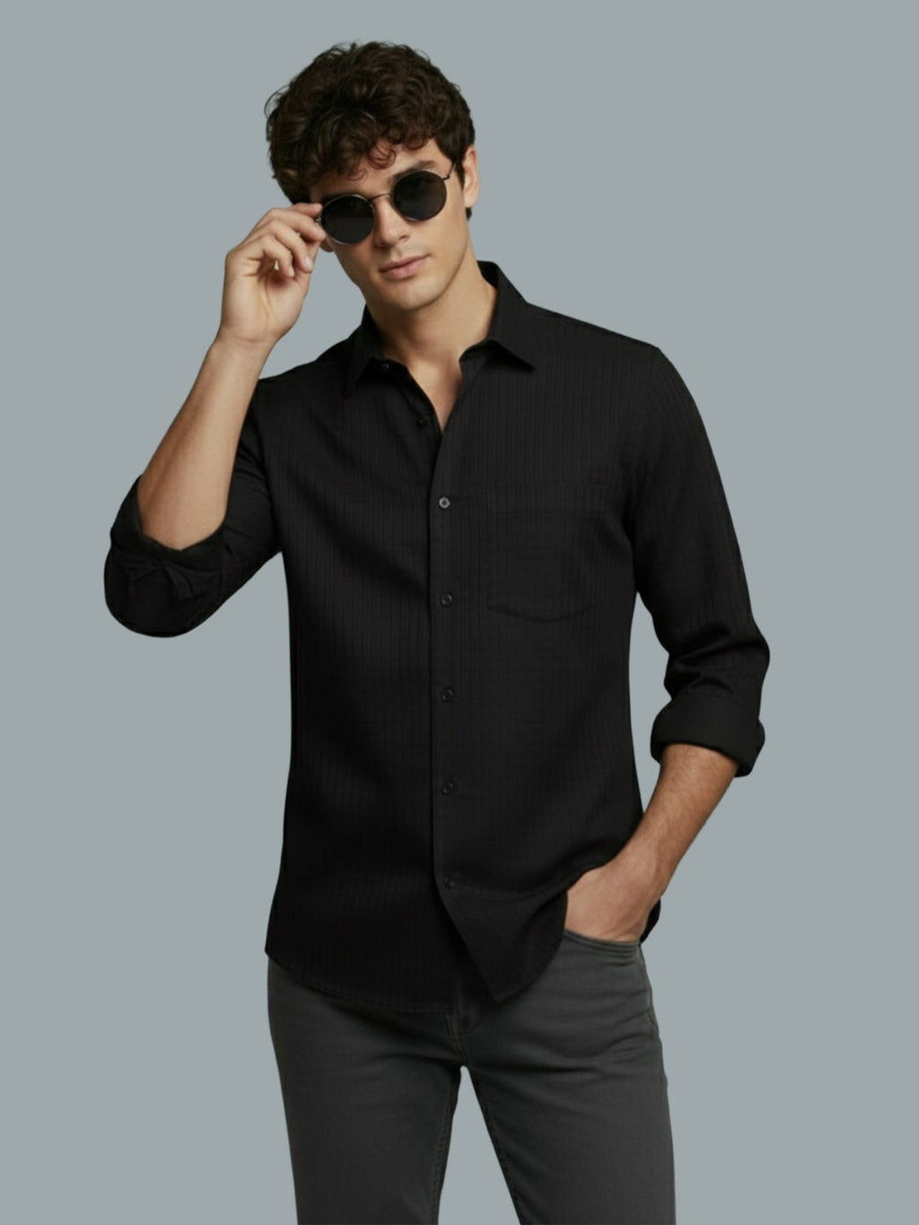 VORA LABEL Men Cotton Solid Regular Fit Spread Collar Casual Shirt - Black