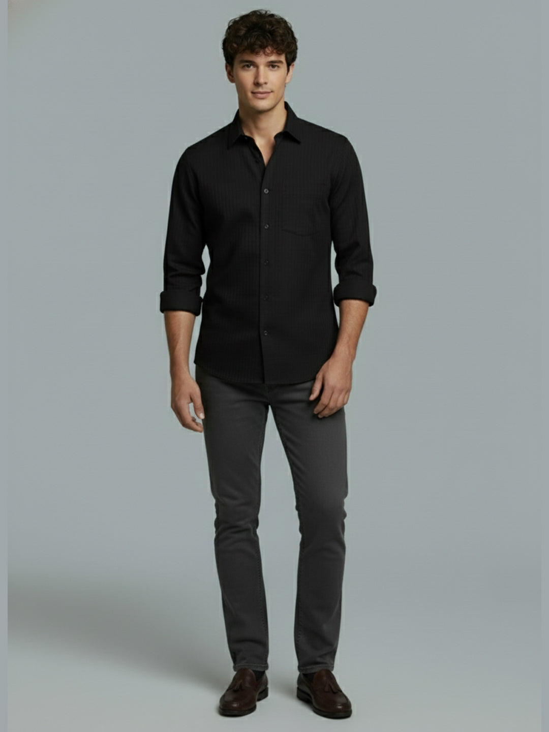 VORA LABEL Men Cotton Solid Regular Fit Spread Collar Casual Shirt - Black