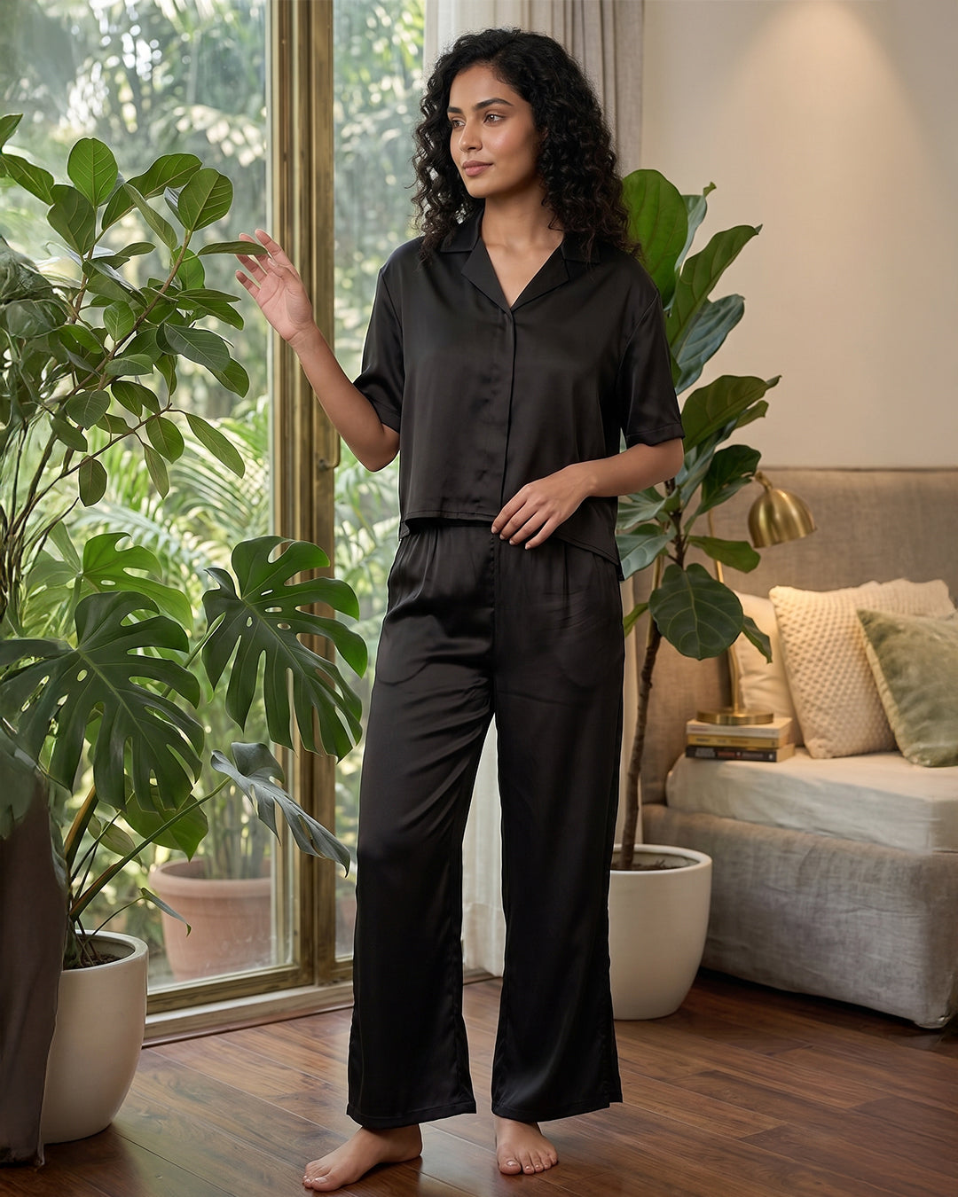 VORA LABEL Women Linen Solid Relaxed Fit Night Suit Set - Black