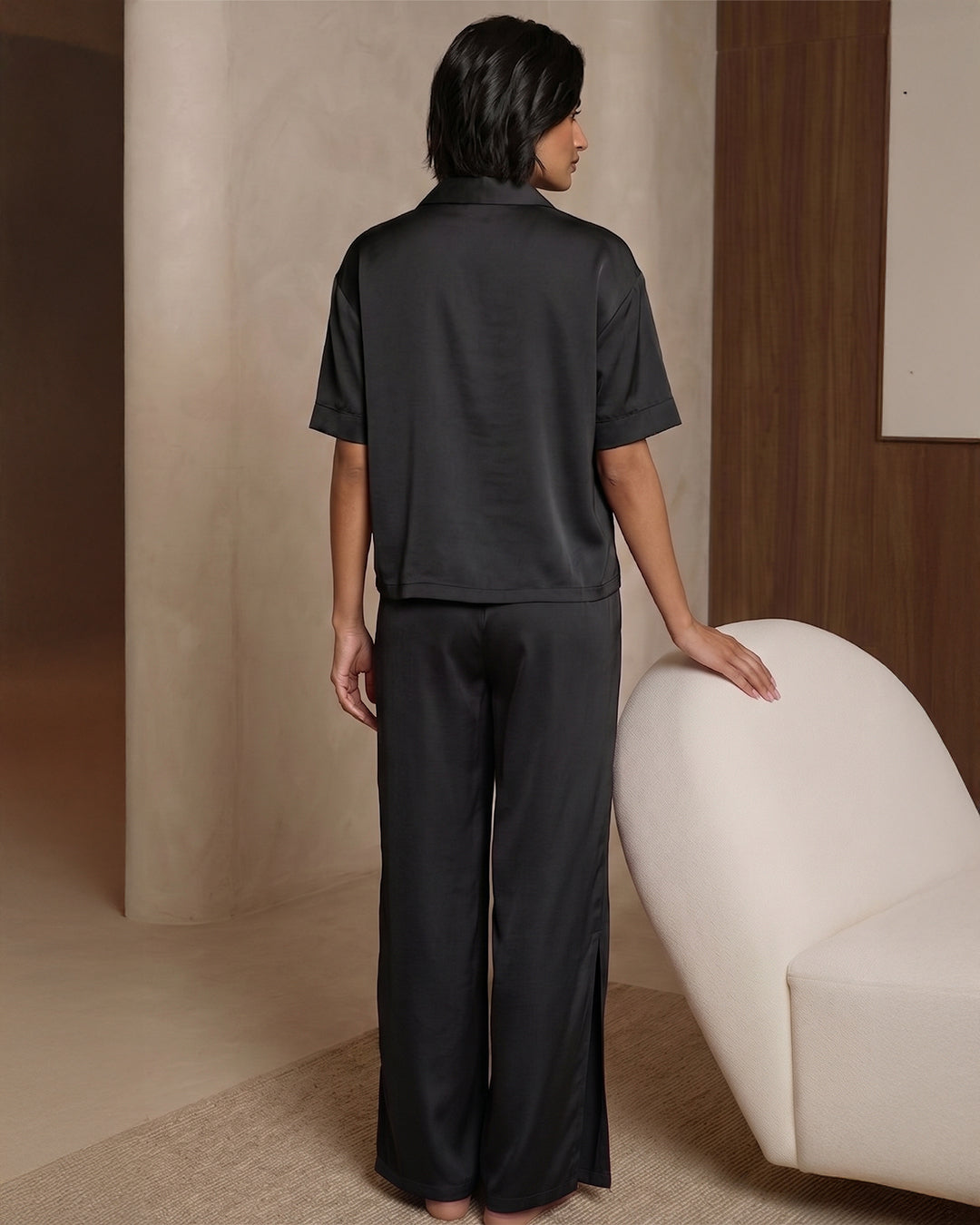 VORA LABEL Women Linen Solid Relaxed Fit Night Suit Set - Black