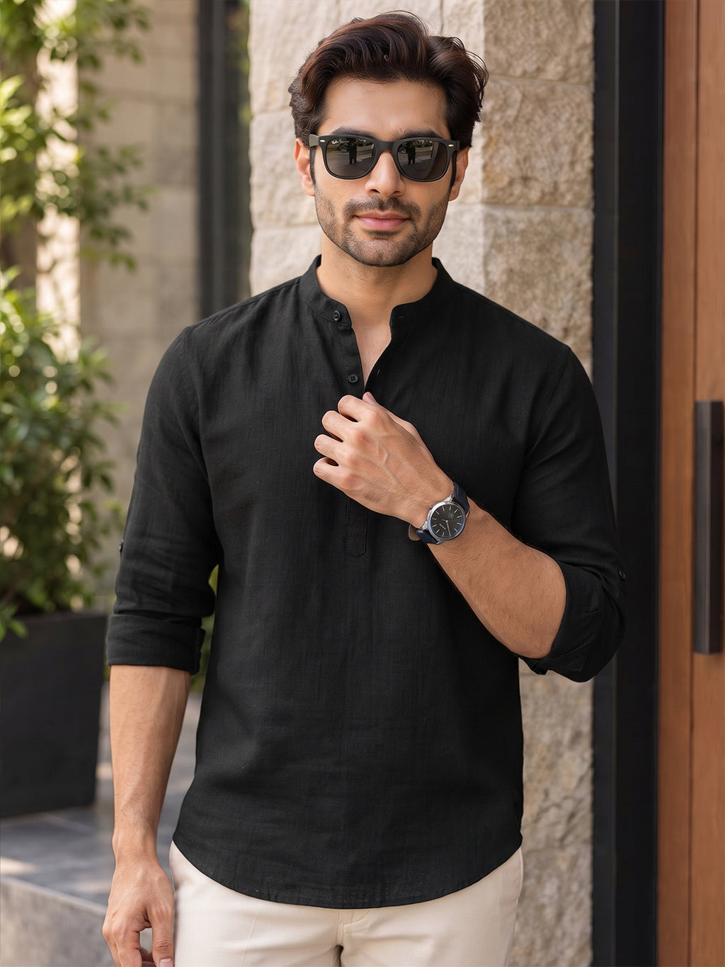 VORA LABEL Men’s Cotton Blend Solid Kurta | Mandarin Collar Full Sleeve Kurta | Casual & Festive Wear