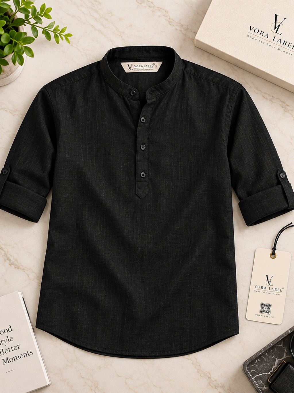 VORA LABEL Men’s Cotton Blend Solid Kurta | Mandarin Collar Full Sleeve Kurta | Casual & Festive Wear