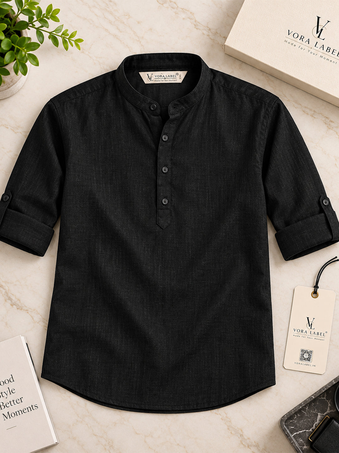 VORA LABEL Men’s Cotton Blend Solid Kurta | Mandarin Collar Full Sleeve Kurta | Casual & Festive Wear