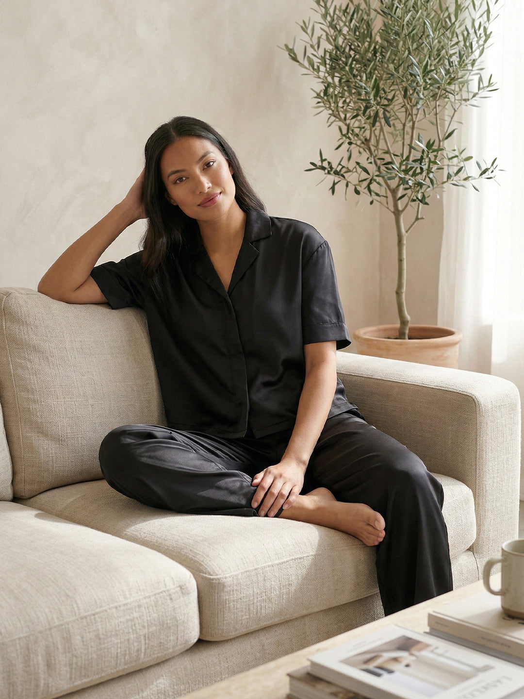 VORA LABEL Women Linen Solid Relaxed Fit Night Suit Set - Black