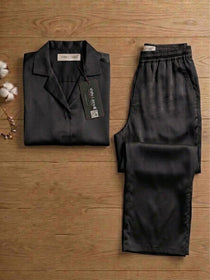 VORA LABEL Women Linen Solid Relaxed Fit Night Suit Set - Black