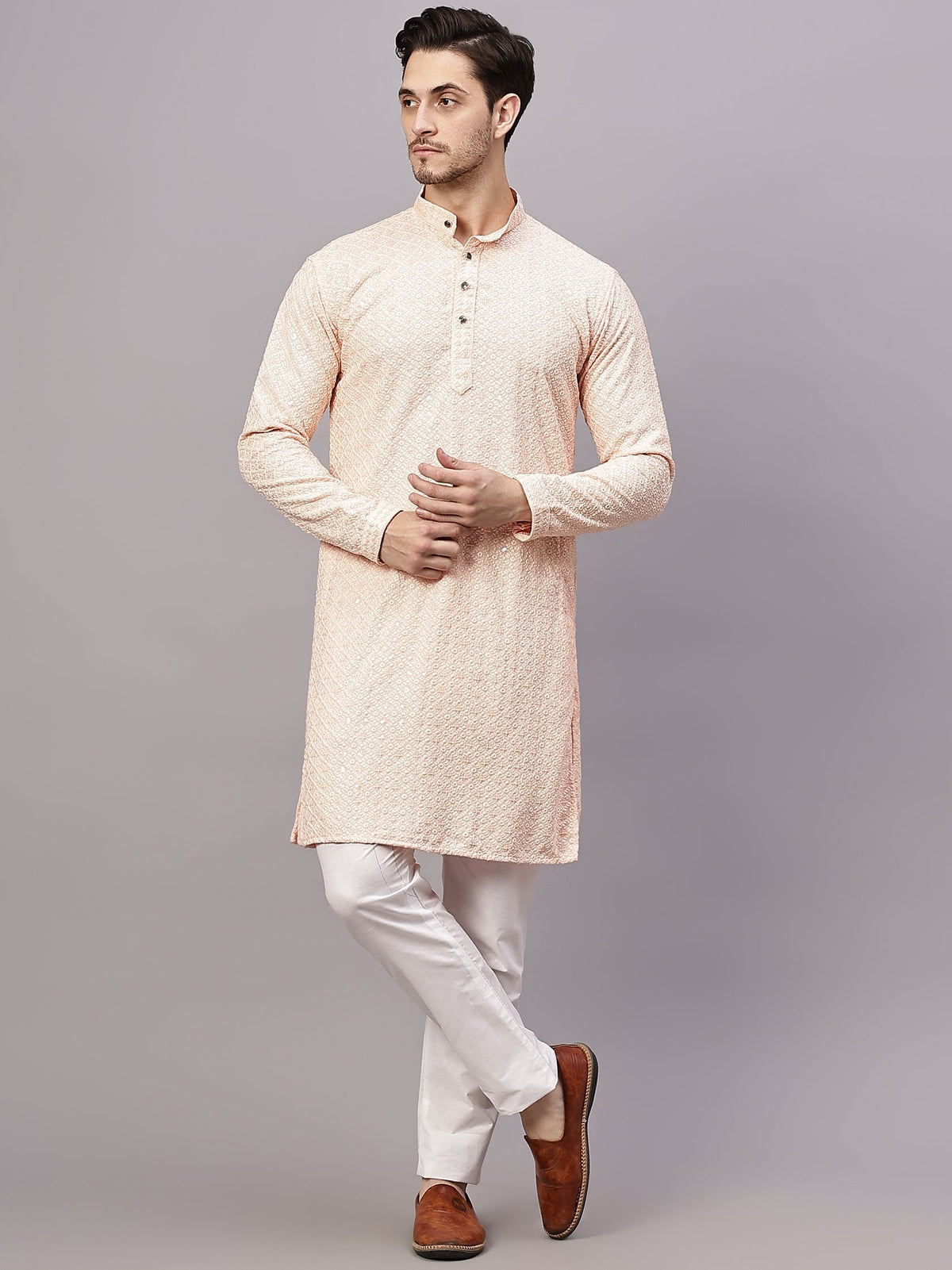 VORA LABEL Men Rayon Schiffli Chikankari Floral Printed Long Kurta Set - Pista