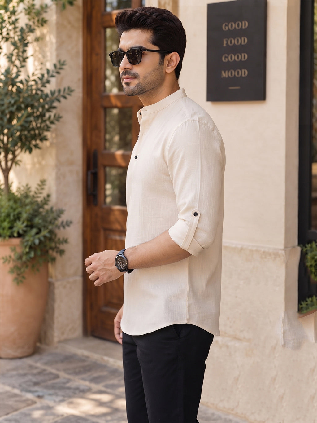 VORA LABEL Men’s Cotton Blend Solid Kurta | Mandarin Collar Full Sleeve Kurta | Casual & Festive Wear