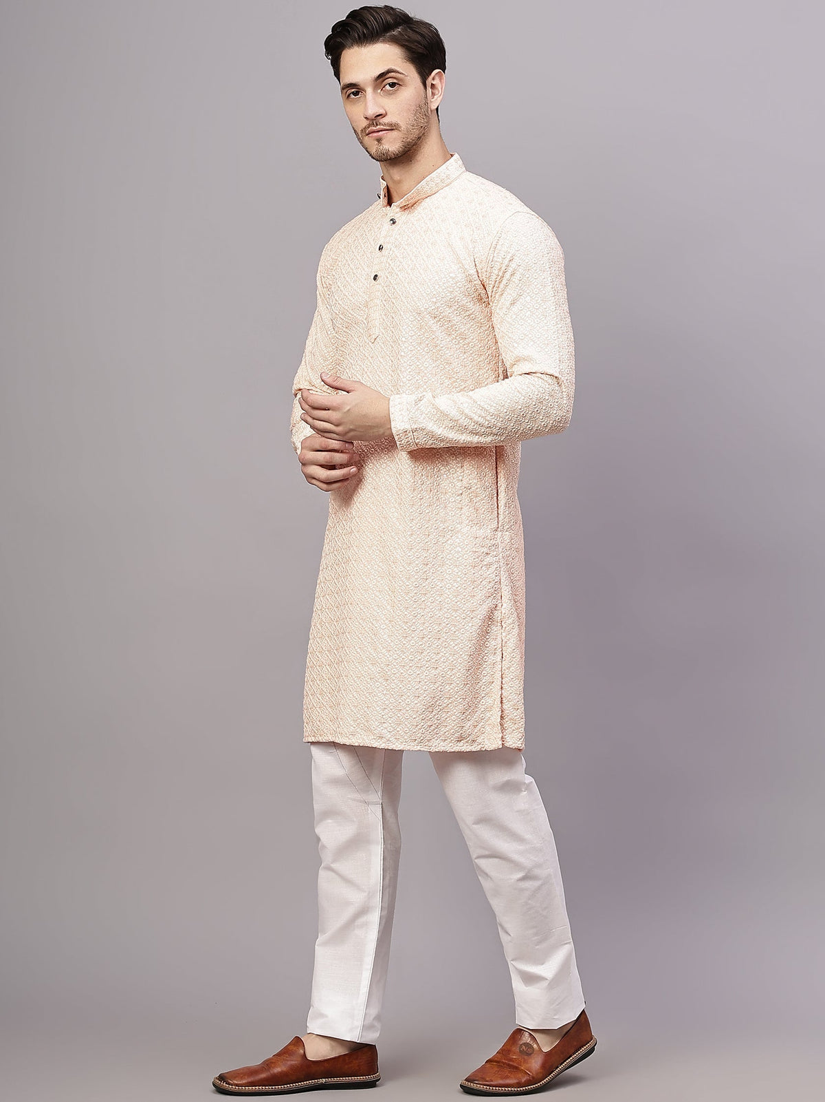 VORA LABEL Men Rayon Schiffli Chikankari Floral Printed Long Kurta Set - Pista