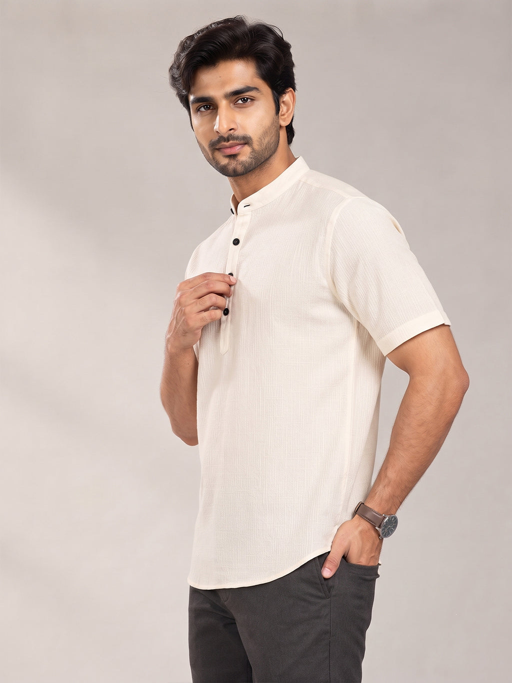 VORA LABEL Men’s Cotton Blend Mandarin Collar Half Kurta | Short Sleeve Solid Casual Wear