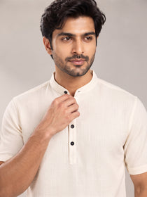 VORA LABEL Men’s Cotton Blend Mandarin Collar Half Kurta | Short Sleeve Solid Casual Wear
