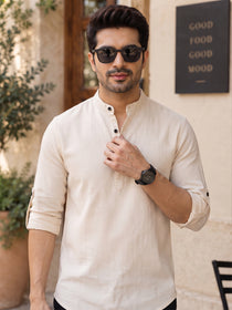 VORA LABEL Men’s Cotton Blend Solid Kurta | Mandarin Collar Full Sleeve Kurta | Casual & Festive Wear