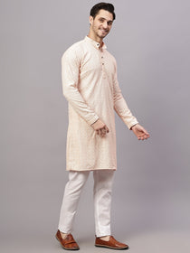 VORA LABEL Men Rayon Schiffli Chikankari Floral Printed Long Kurta Set - Pista